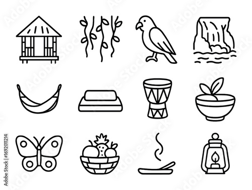 Jungle Sanctuary Icons. Outline icon set of jungle sanctuaries: bamboo hut, vines, bird, waterfall, hammock,