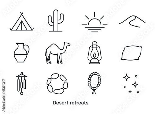 Desert Retreat Icons. Outline icon set of desert retreats: tent, cactus, sunrise, sand dune, water jug, camel,