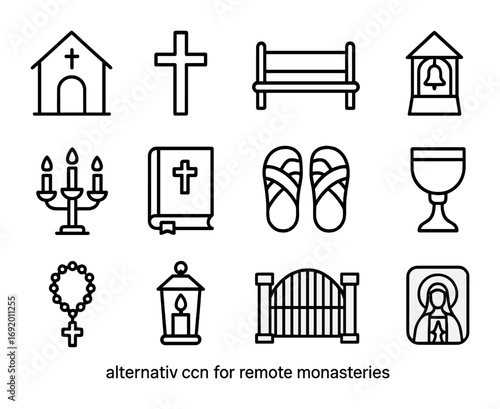 Remote Monastery Icon Set. Outline icon set of remote monasteries: chapel, cross, wooden bench, bell tower,