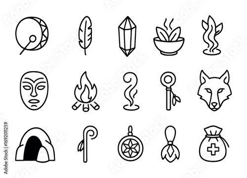 Shamanic Retreat Icons. Outline icon set of shamanic retreats: drum, feather, crystal, herbal bowl, mask,