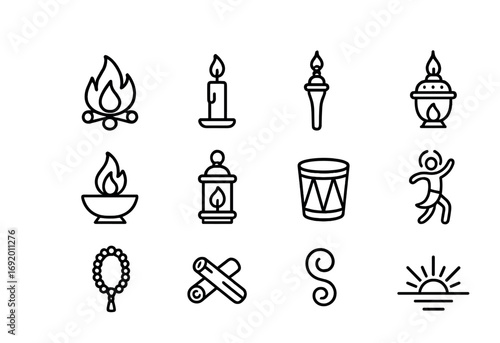 Fire Ritual Icons. Outline icon set of fire rituals: bonfire, candle, torch, incense burner, flame bowl,