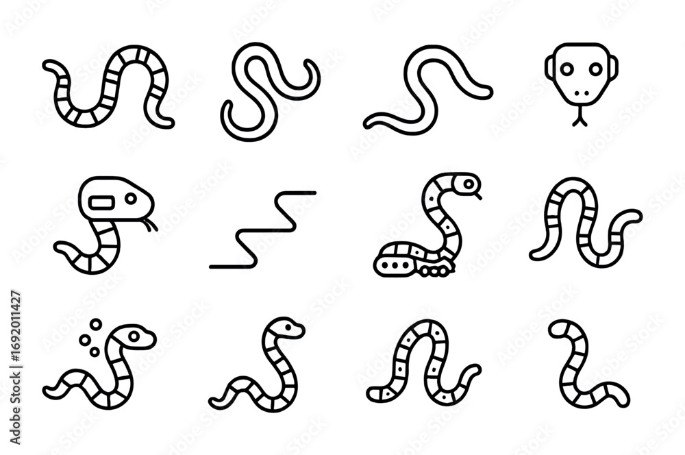 Fototapeta premium Robotic Snake Icons. Outline icon set of snake-like robotics: segmented body, coiling movement, slithering