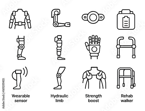 Robotic Exoskeleton Icons. Outline icon set of robotic exoskeletons: human frame, mechanical arm, joint