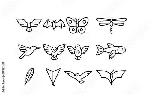 Aerial Bio-Robot Icons. Outline icon set of aerial bio-robots: bird wing drone, bat bot, butterfly flyer,