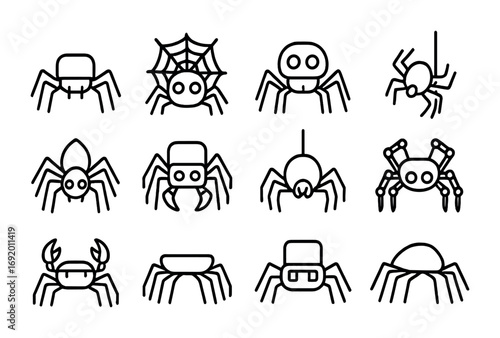 Spider Robot Icons. Outline icon set of spider-inspired robots: eight legs, web net, sensor eyes, climbing bot