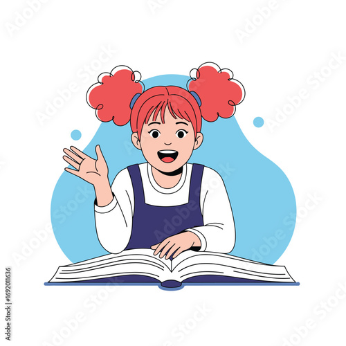 A young girl with pigtails enthusiastically reads an open book