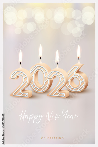 2026 Happy New Year greeting card vector background. 2026 candle numbers with fire on beige. Festive sparkle holiday postcard, invitation, banner for social media.
