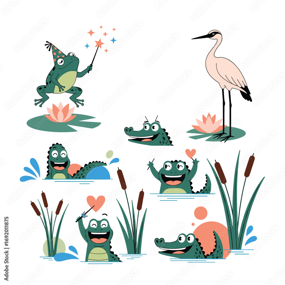 Obraz premium Whimsical forest creatures including a frog a bird and happy alligators