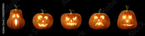 Halloween glowing pumpkins on black background with carved scary, funny, spooky and stitched faces. Festive jack lantern collection in dark night style. Holiday vector illustration.