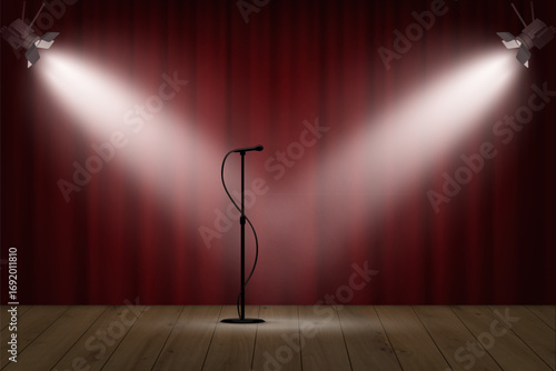 Microphone with spotlight on stage. Stand-up comedy wooden stage with spotlight beams, red theater drape, wooden floor and empty mic. Realistic vector illustration