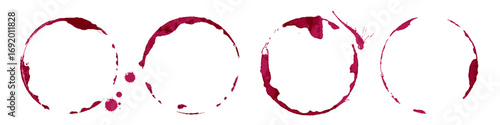 Wine glass stains set. Red circular wine rings and splashes on white background. Realistic beverage marks collection for bar or restaurant design, menu decoration. Texture vintage vector illustration.