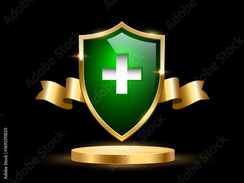 Green shield with white medical cross. Shiny security emblem on golden podium with ribbon. Health protection, antivirus safety, insurance, and medical or cybersecurity concepts. Vector illustration.