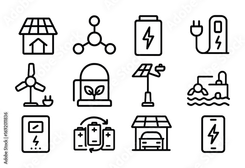 Decentralized Energy Icons. Outline icon set of decentralized energy: rooftop solar, microgrid node, smart