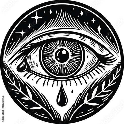 Black and White Circular Emblem of an All- Seeing Eye with Leaves and Stars on a White Background style vector illustration EPS file download