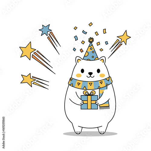 A cute white bear wearing a party hat and scarf holding a gift with falling stars and confetti celebrating a happy birthday