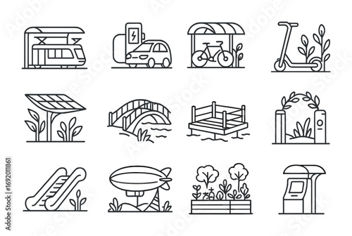 Solarpunk Transport Icons. Outline icon set of solarpunk transport hubs: tram stop, charging dock, bicycle