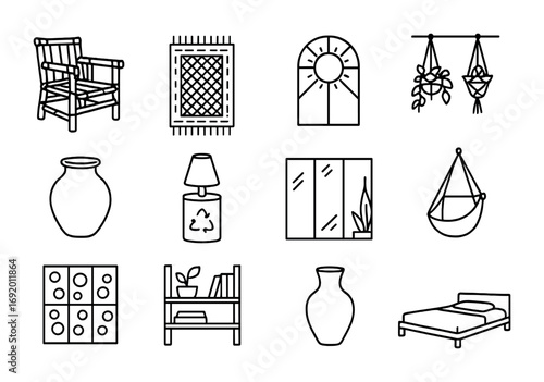 Solarpunk Interior Icons. Outline icon set of solarpunk interiors: bamboo furniture, woven rug, sunlight