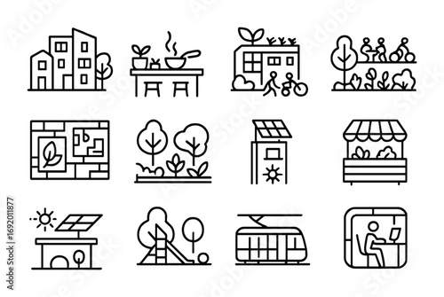 Solarpunk Community Icons. Outline icon set of solarpunk neighborhoods: mixed housing, communal kitchen,