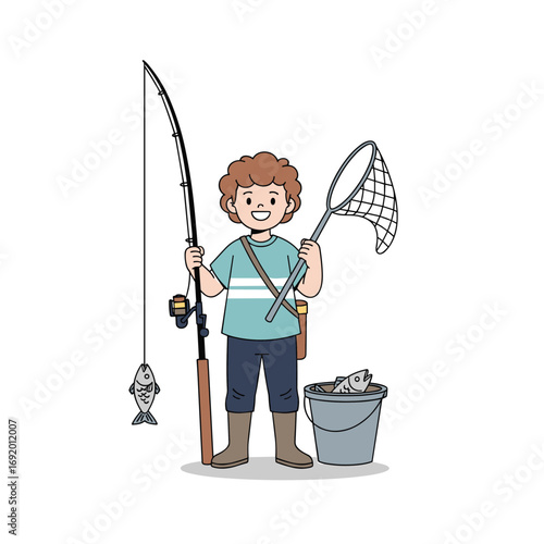 Happy young boy holds fishing rod with fish and net ready to catch more