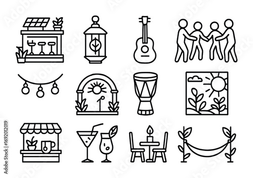 Solarpunk Nightlife Icons. Outline icon set of solarpunk nightlife: rooftop bar, lantern, acoustic guitar,