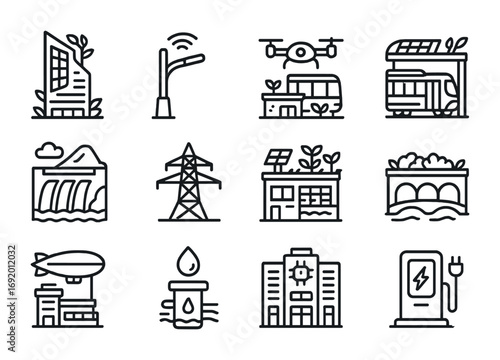 Solarpunk Icon Set. Outline icon set of solarpunk smart cities: solar skyscraper, smart lamppost, drone hub,