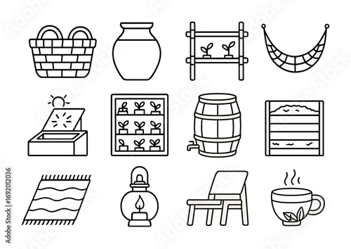 Solarpunk Living Icons. Outline icon set of solarpunk domestic life: woven basket, clay pot, bamboo shelf,