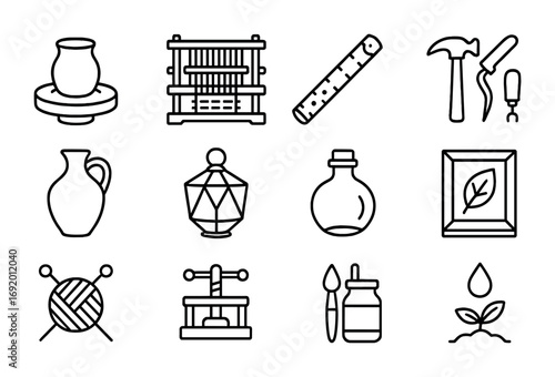 Solarpunk Craft Icons. Outline icon set of solarpunk craft workshops: pottery wheel, weaving loom, bamboo