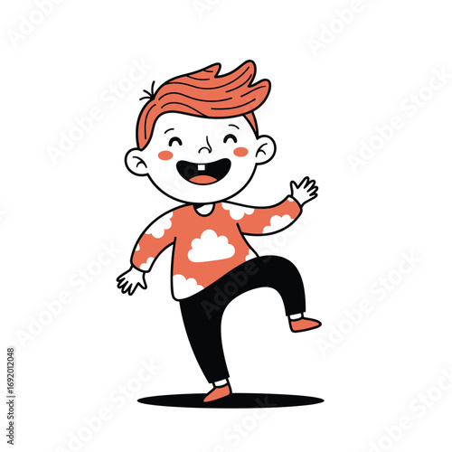Joyful cartoon boy with red hair and cloud patterned shirt dancing happily