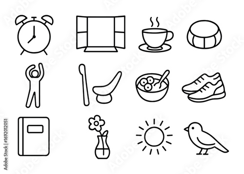 Mindful Morning Icons. Outline icon set of mindful morning routine: alarm clock, open window, cup of tea,