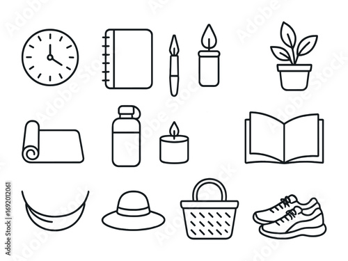 Digital Detox Essentials Icons. Outline icon set of digital detox essentials: analog clock, paper notebook,