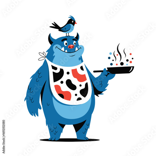 Whimsical blue monster chef with bird companion serves delicious food