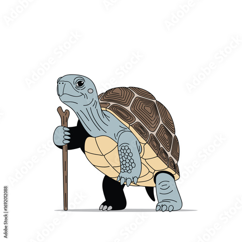 An amusing ancient tortoise walks slowly with a wooden stick for support