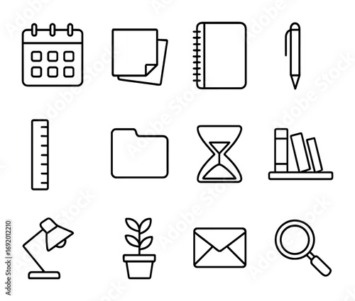 Offline Productivity Icons. Outline icon set of offline productivity: calendar, sticky notes, notebook, pen,