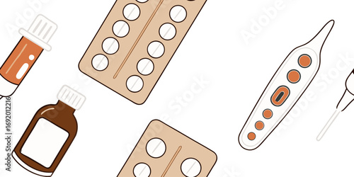 Create a high-resolution, realistic image of assorted medical supplies laid out on a clean white surface. Include amber pill bottles with white caps and visible white tablets inside, realistic blister