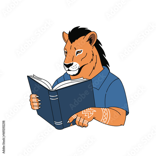 Intelligent anthropomorphic lion character studying open book wisdom learning knowledge education