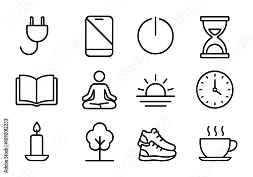 Digital Detox Icons. Outline icon set of digital detox symbols: unplug symbol, crossed-out phone, power switch