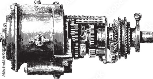 Gearbox mechanism in a vintage technical style with detailed linework. Black and white vector illustration of a complex mechanical component.