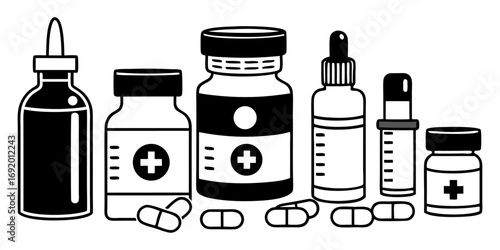Create a high-resolution, realistic image of assorted medical supplies laid out on a clean white surface. Include amber pill bottles with white caps and visible white tablets inside, realistic blister