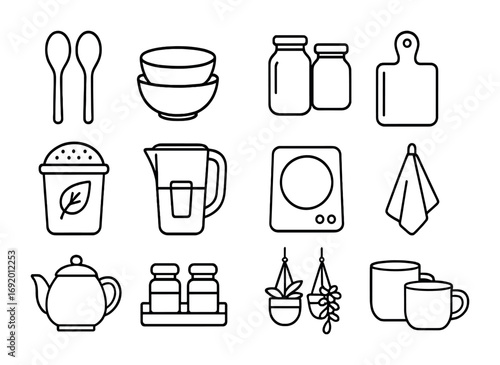 Sustainable Kitchen Icons. Outline icon set of sustainable kitchen: wooden spoons, ceramic bowls, glass jars,
