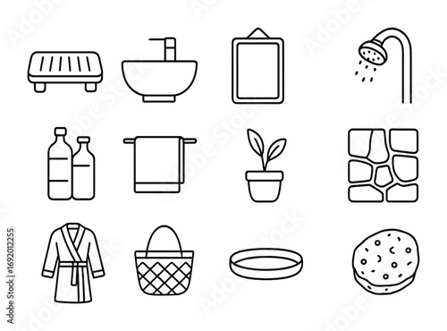 Minimalist Bathroom Icons. Outline icon set of minimalist bathroom: bamboo soap dish, ceramic sink, wooden