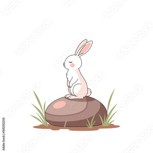 A cute little white bunny sitting peacefully on a round brown rock amidst green grass