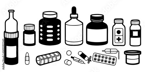 Create a high-resolution, realistic image of assorted medical supplies laid out on a clean white surface. Include amber pill bottles with white caps and visible white tablets inside, realistic blister