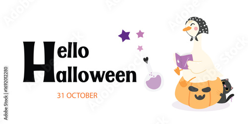Wallpaper Mural Happy halloween greeting card or background. Silly goose witch bookish, pumpkin and black cat concept Spooky night invitation party illustration flat vector. Torontodigital.ca