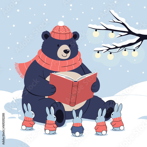 A cozy bear reads a winter story to adorable bunnies under snowy branches with lights