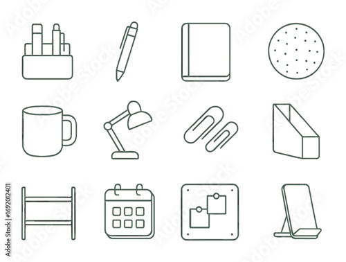 Eco Workspace Icons. Outline icon set of eco workspace accessories: desk organizer, bamboo pen, notebook, cork
