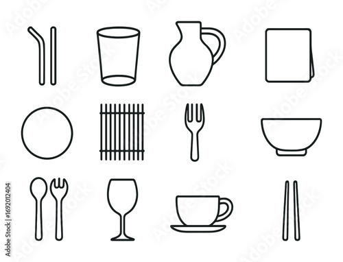 Eco Dining Icons. Outline icon set of eco dining accessories: reusable straws, glass tumbler, clay jug, linen