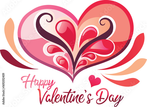 Ornate Heart with Swirling Petals and Happy Valentine's Day Text on White Background love romance style vector illustration EPS file download
