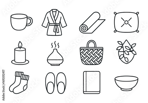 Slow Living Essentials Icons. Outline icon set of slow living essentials: ceramic cup, linen robe, yoga mat,