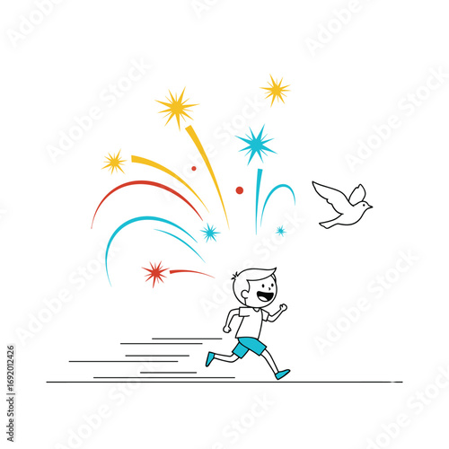 A happy young boy running with fireworks and a bird flying overhead celebrating joy and freedom