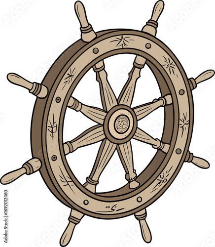 Rustic wooden ship's helm with eight handles and carved starburst patterns ship wheel nautical style vector illustration EPS file download